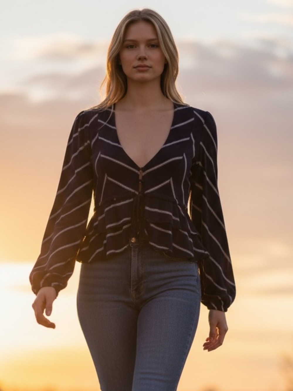 ~Free People Navy & White Chevron Tie-Front Peplum Blouse - Picture 12 of 14